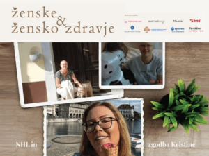 Napis "Ženske & žensko zdravje" ter tri sličice Krstine Modic, ki, v prispevku deli izkušnjo z NHL